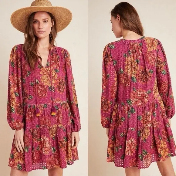 Anthropologie Farm Rio Pink Eyelet Tiered Tunic Mini Dress Size Large - Image 2