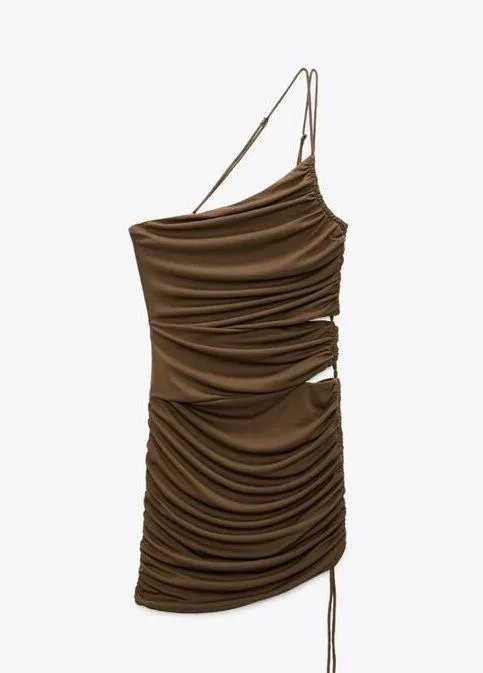 Zara Brown Asymmetric Draped Cut Out Ruched Mini Dress Size XS 7733/075 - Image 3