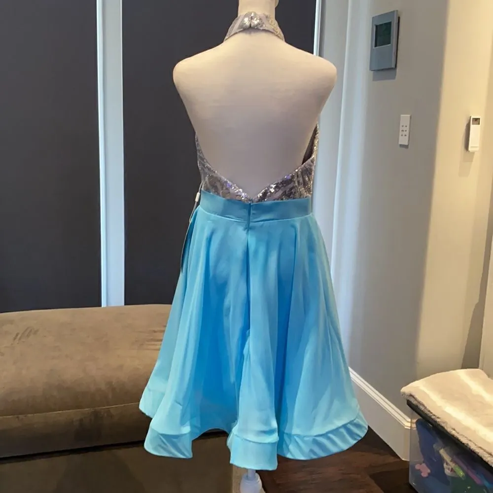 Women’s Halter Neck Silver Sequined Short Prom Party Dress NWT 6 Blue - Image 4