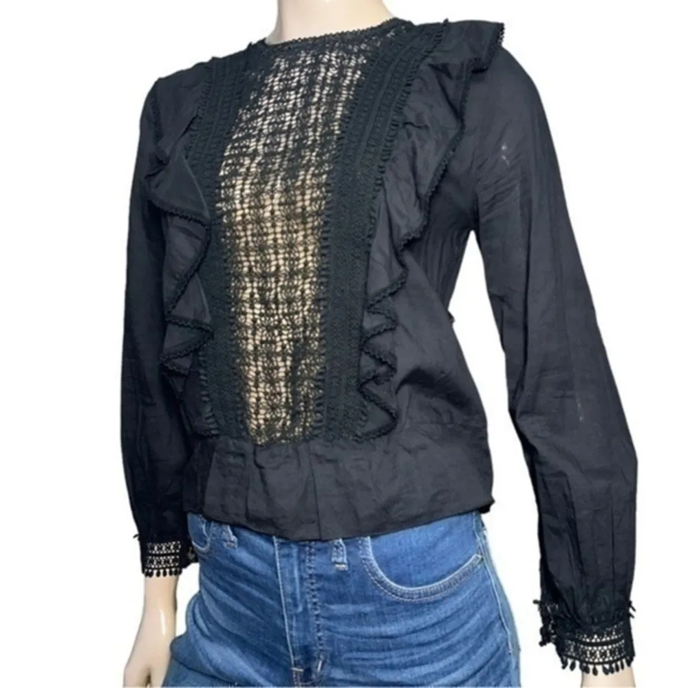 Love Sam Women’s S Black Long Sleeve Cotton Voile Ruffle Front Embroidered Top - Image 2