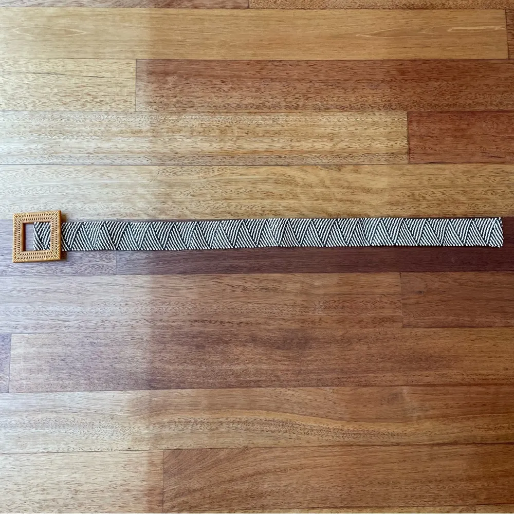 Black and White Decorative Belt Chevron Patterned with Brown Square Buckle - Image 3