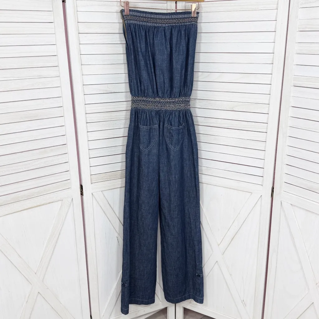 Poetry Boho Smocked Strapless Wide Leg Chambray Jumpsuit Denim Blue Small - Image 9