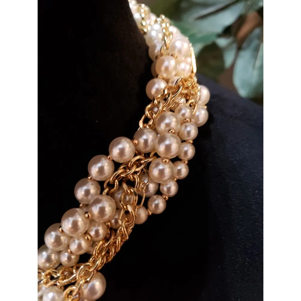 Women Gold Tone Layered Ivory Faux Pearls Twisted Chains Collar Necklace Jewelry - Image 4