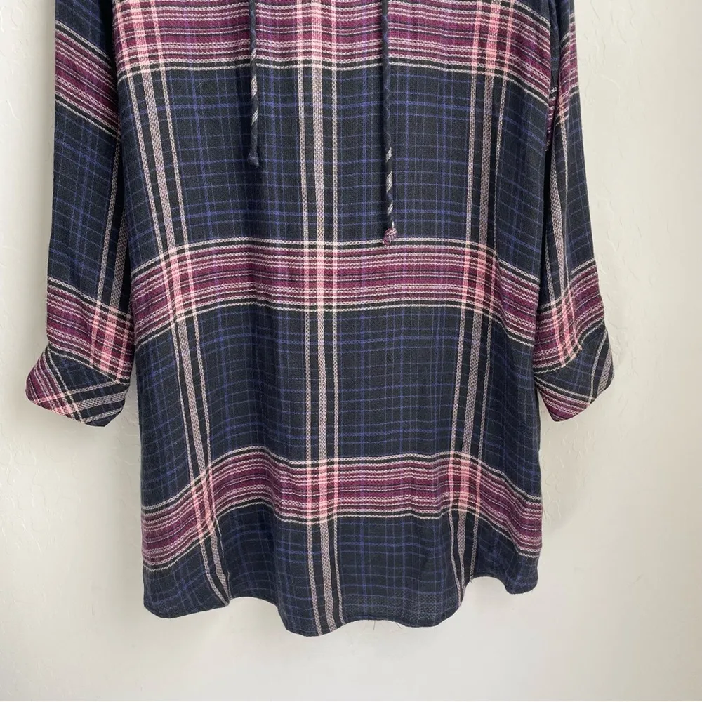 Cloth & Stone Plaid Tunic Shirt Dress Long Sleeve Knit Blue Pink L - Image 4