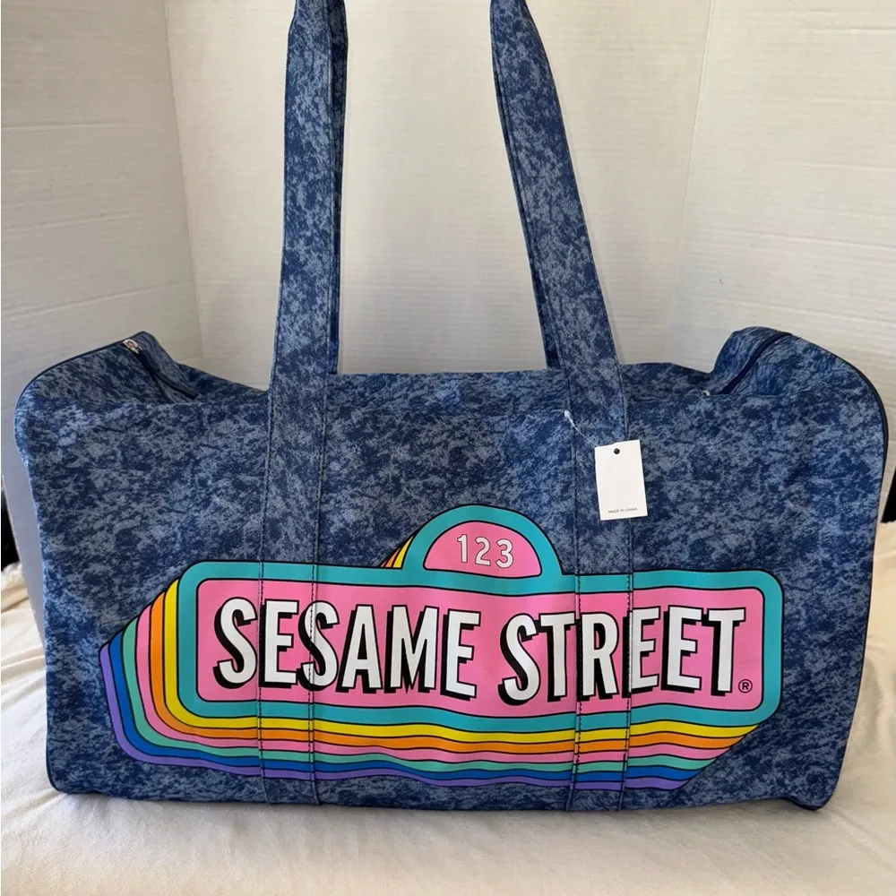 New With Tags Denim Sesame Street Blue Duffle Tote Weekender Travel Bag Luggage - Image 3