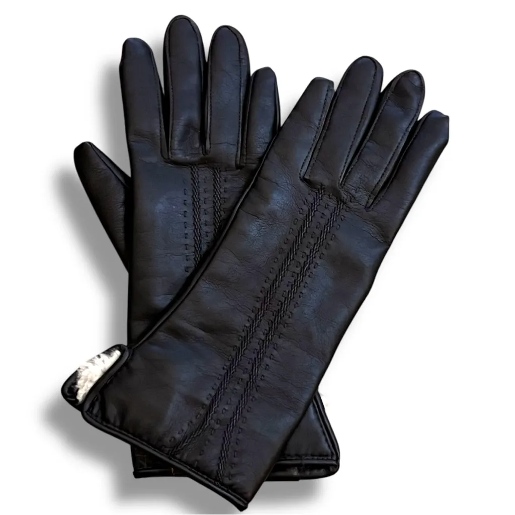 Vintage GLOVES Size B Black Faux Leather Fourchettes Faux Fur Lined Cuff 70s - Image 2