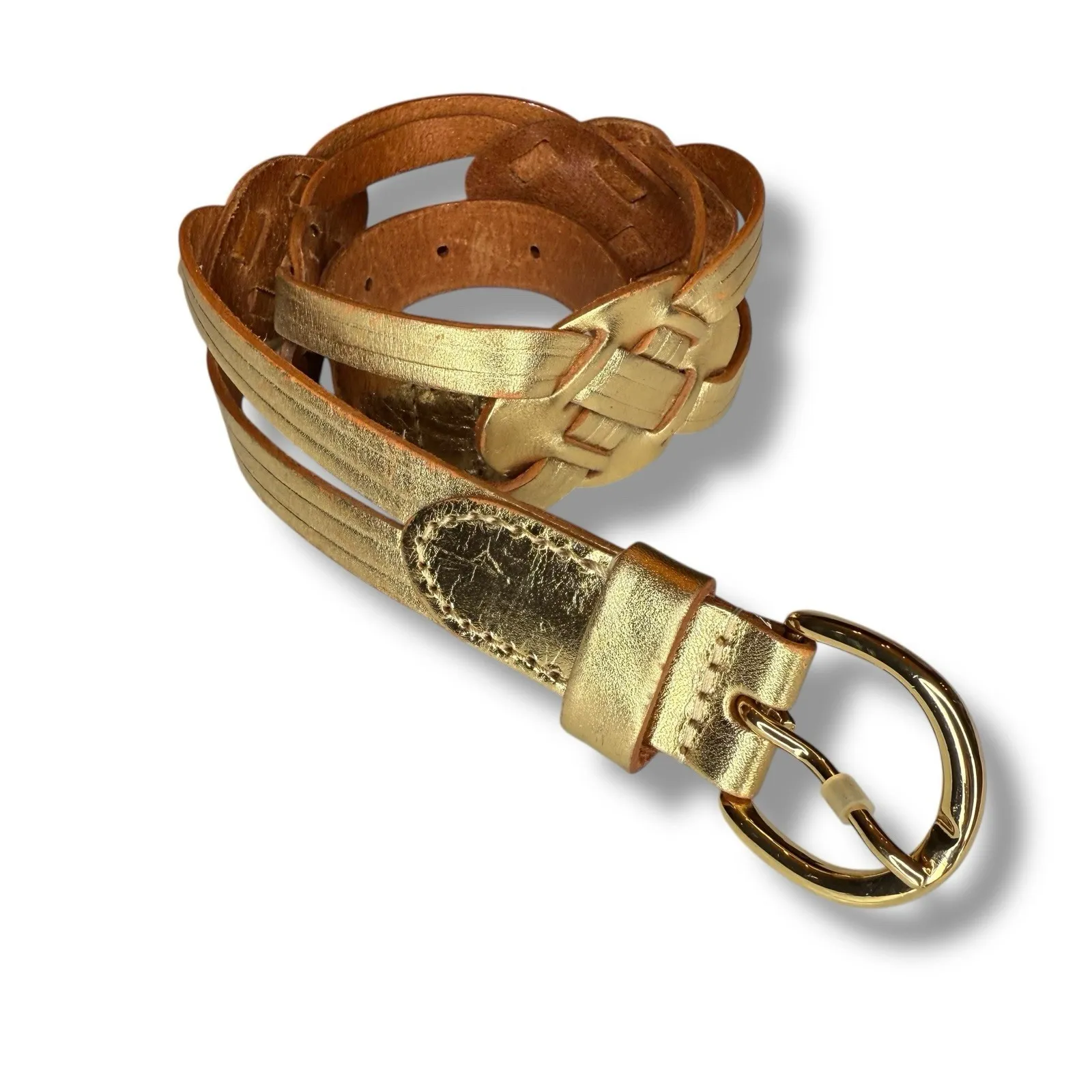 LRL Ralph Lauren Leather Belt Small 1.5" Gold Woven Braided Distressed Vintage - Image 6