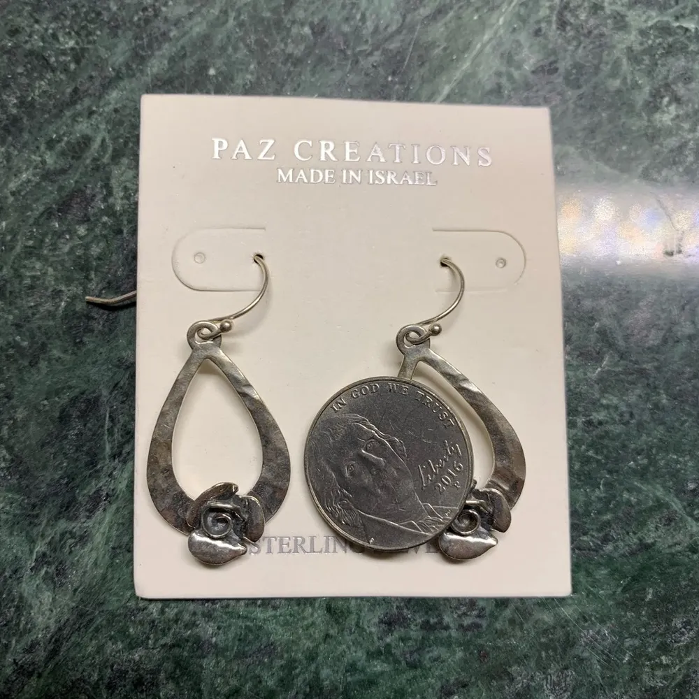 NWT Or Paz Sterling Silver 925 Rose Pear Shape Drop Hammered Earrings Israel PZ - Image 3
