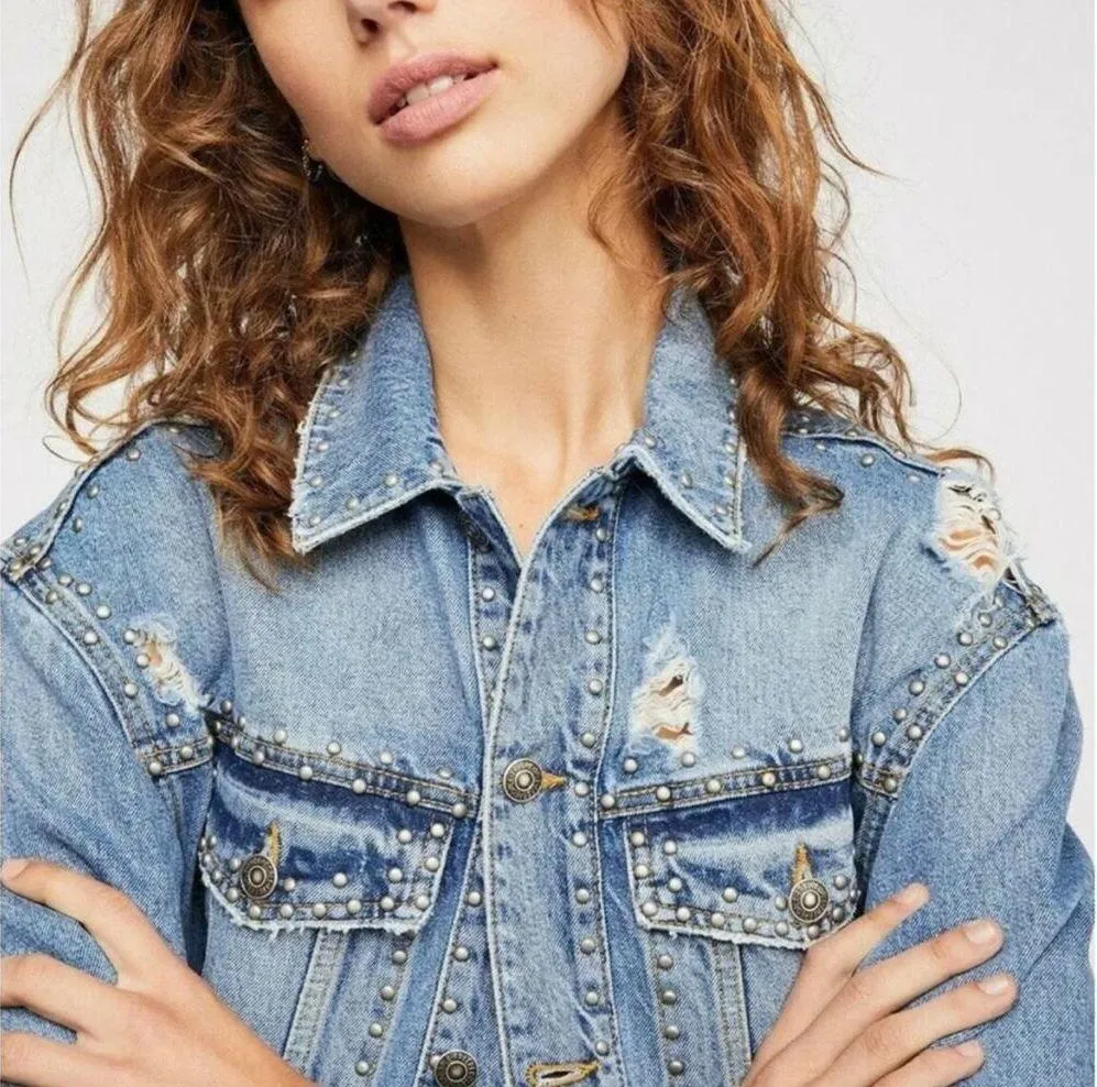 Free People  Oversized Studded Distressed Denim Trucker Jacket Size S - Image 4