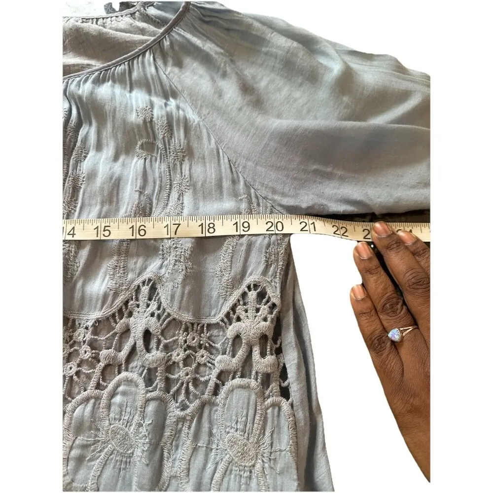 Le Marais Paris Silk Top Lace Scalloped Hem Lined Long Sleeve Sz M Made in Italy Blue Size M - Image 5