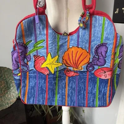 Sally Huss Seahorse Shells Beach Bag Tote‎ Charms Sun Sand Water Colorful Lake Red - Image 2