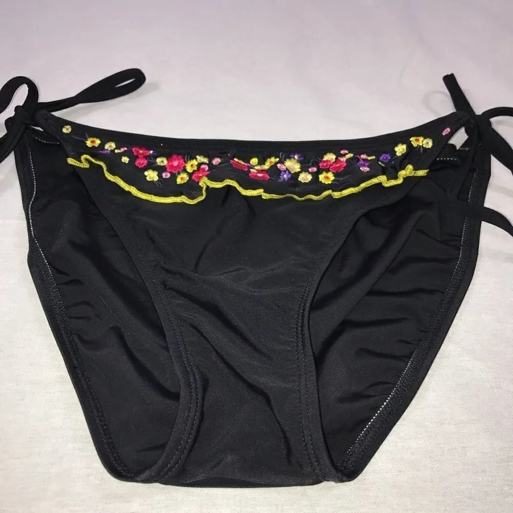 Hobie Size Medium Black With Floral Stitching Design Side Ties Bikini Bottom. - Image 3