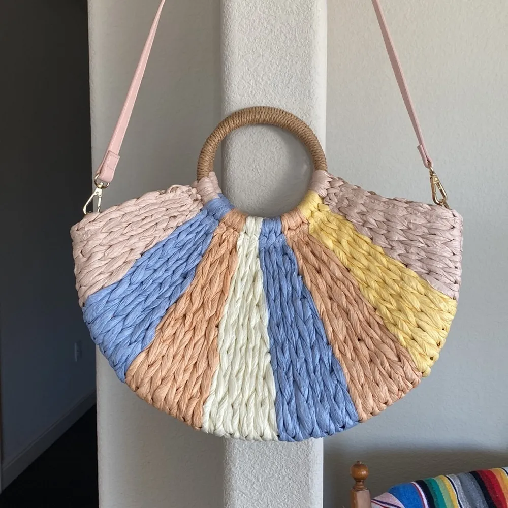 Grossi woven shoulder straw handbag summer vacation beach bohemian pastel - Image 9