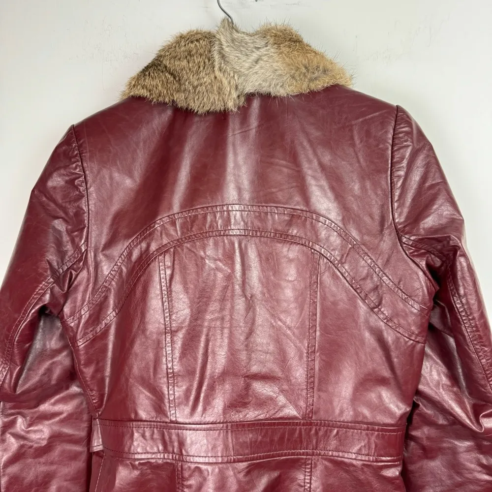 Vintage Leather Rabbitt Fur Trim Trench Tie Jacket Sz 5/6 Maroon Y2K Mob Wife Red - Image 13