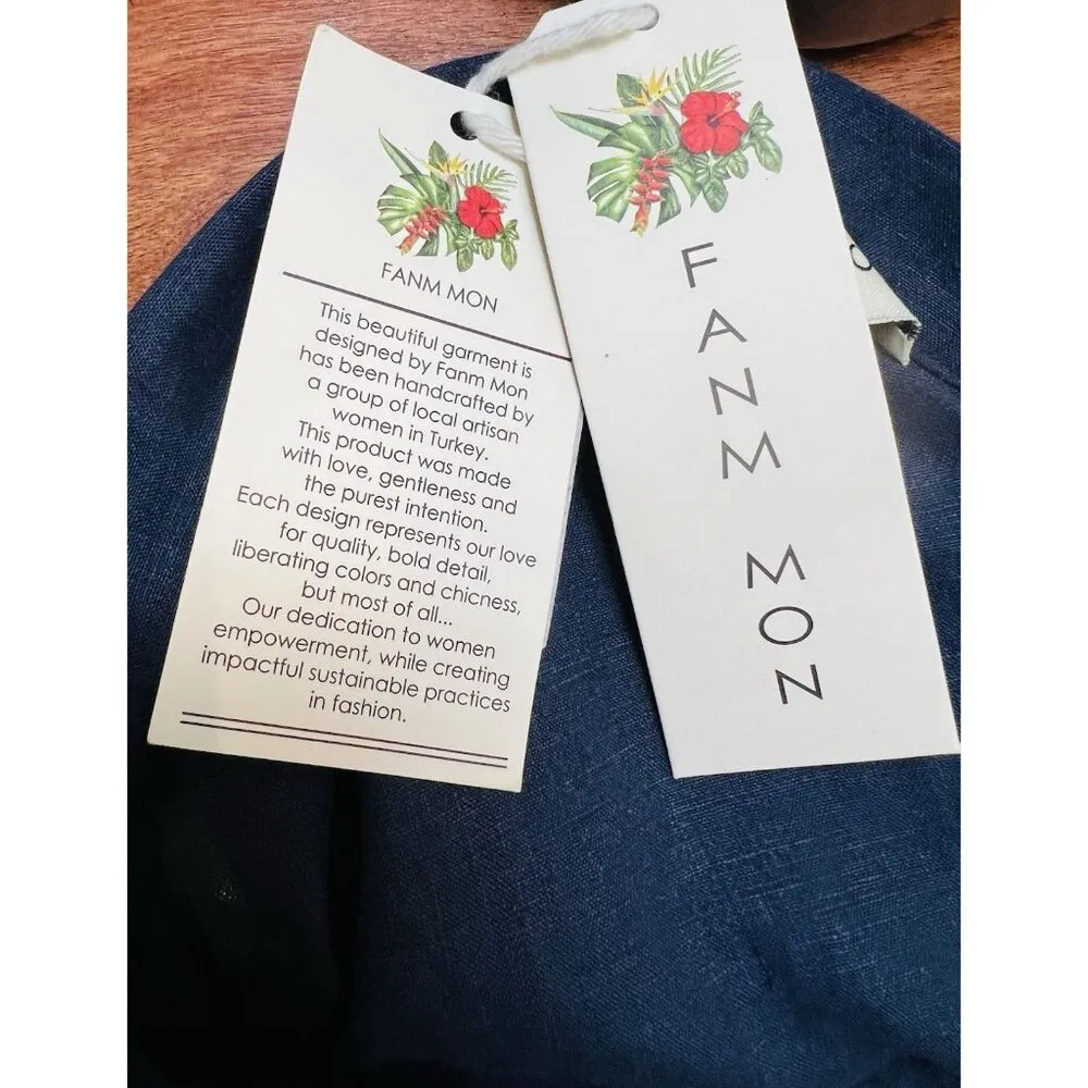 Fanm Mon Brodere Linen Mini Skirt Small Indigo Blue Floral Embroidery Pockets - Image 9