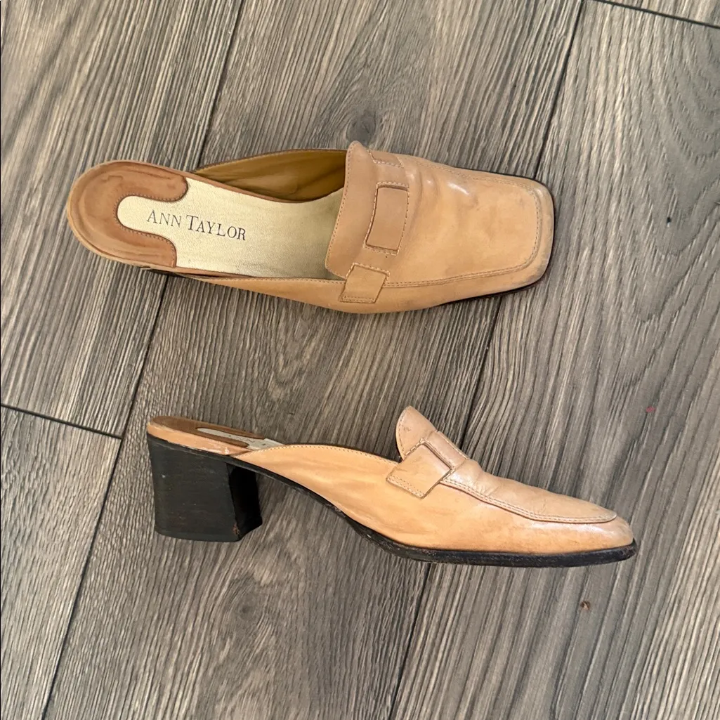 Ann Taylor Leather Sole slip on mule heel earthy tan size 8.5 square toe - Image 13