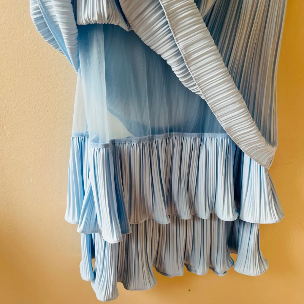 VTG 1970 Sz 12 Dress Ruffled Multi Tiered Accordion Pleated Short Sleeve‎ Blue - Image 4