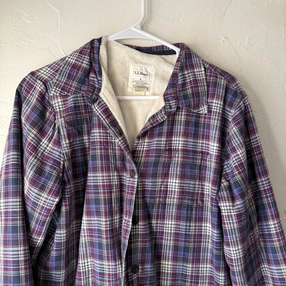 L.L. Bean Womens Size Medium Purple Plaid Fleece Lined Button Up Shacket Sweater - Image 2