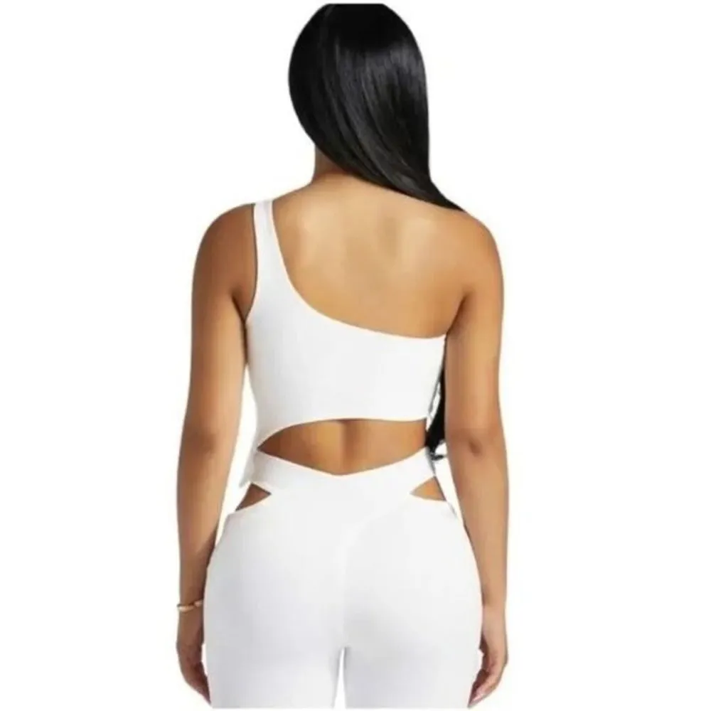Naked Wardrobe Womens Smooth Side Crop Top Asymmetric One Shoulder White L - Image 3