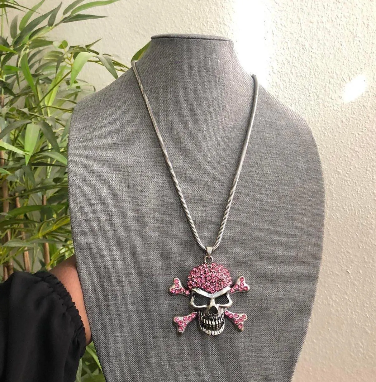 2000s Y2K Gothic Grunge Pink rhinestone HUGE silver skull cross bones necklace #Fairy #rave #cross #wings #punk biker streetwear whimsygoth Measurement in pics - Image 4