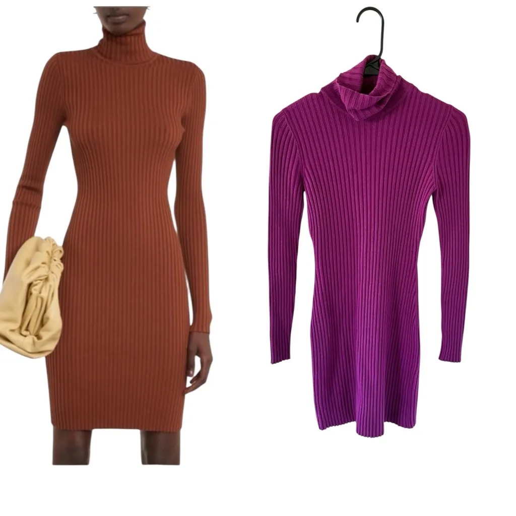 Wolford Ribbed Merino Wool Purple Turtle Neck Dress - Image 2