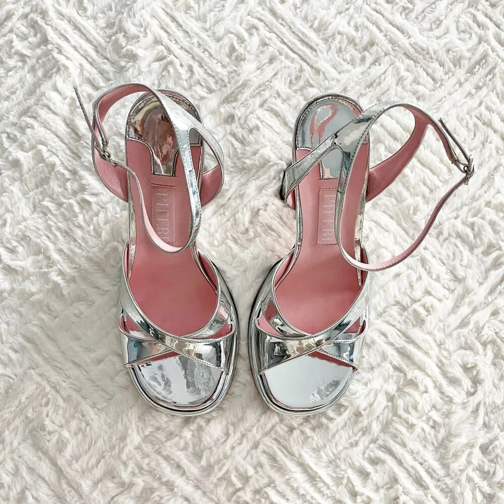 PIFERI Miranda Crisscross Mirror Platform Sandals In Silver Size 9 - Image 4