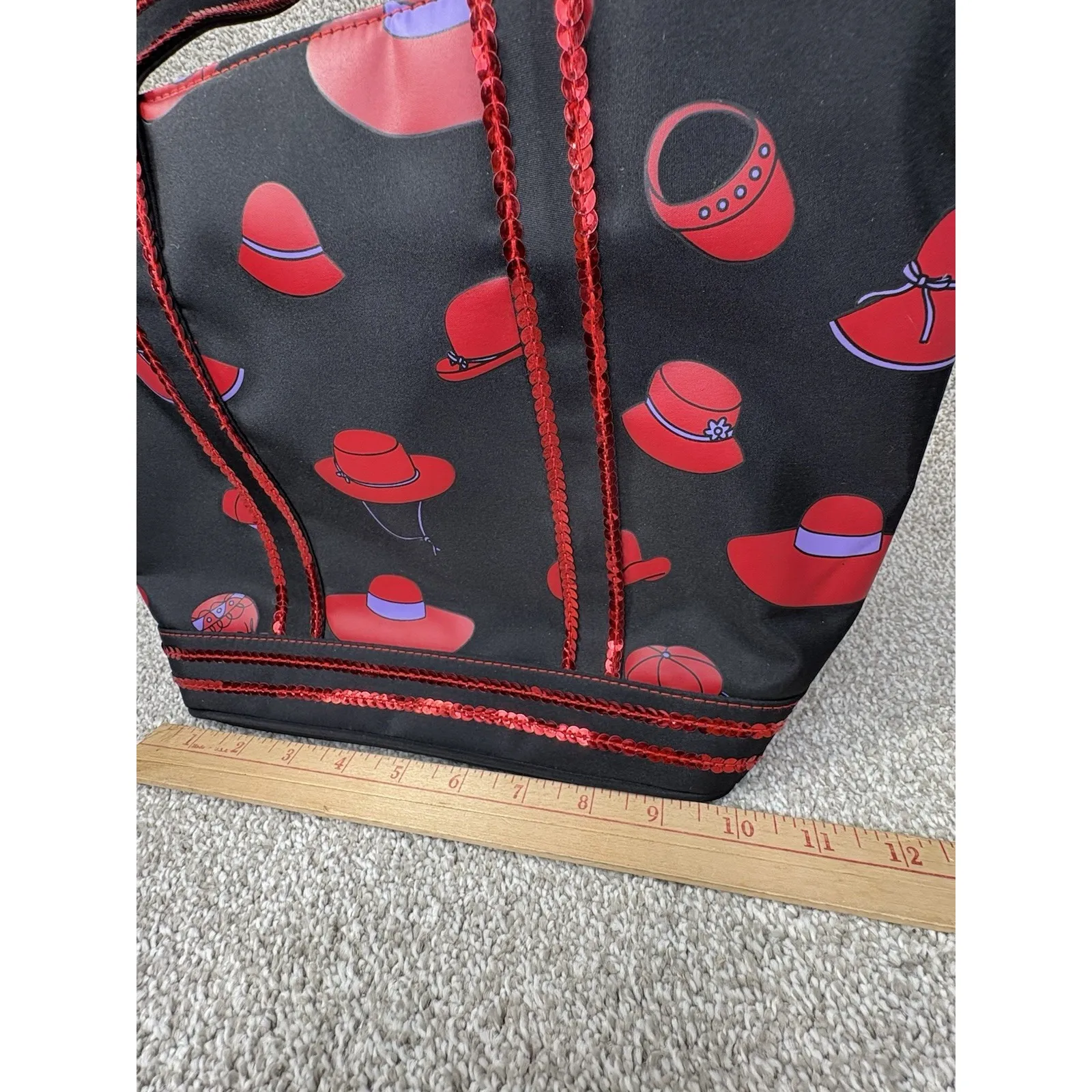 Red Hat‎ Society Tote Bag Black Red Sequin Trim Large Shoulder Bag 16x13x6 - Image 7