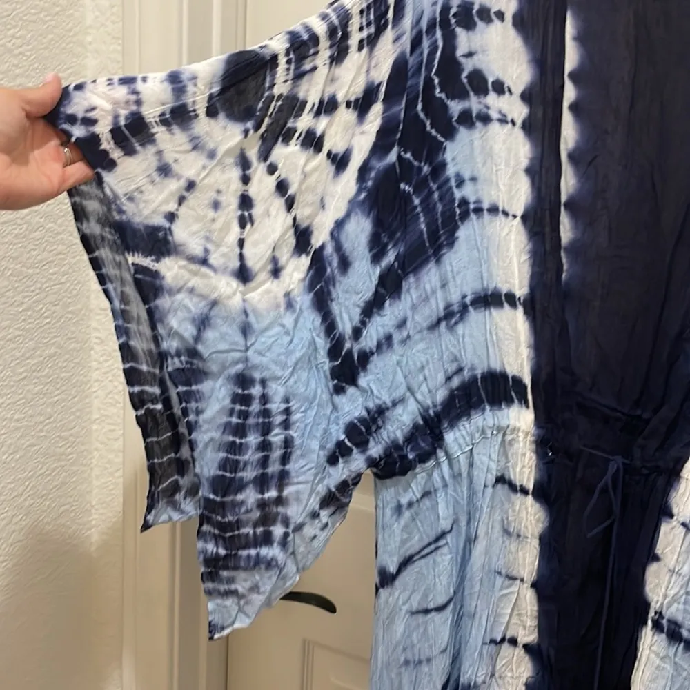Gypsy Romantic  Blue Tie Dye Tie Front Long Kimono - Image 5