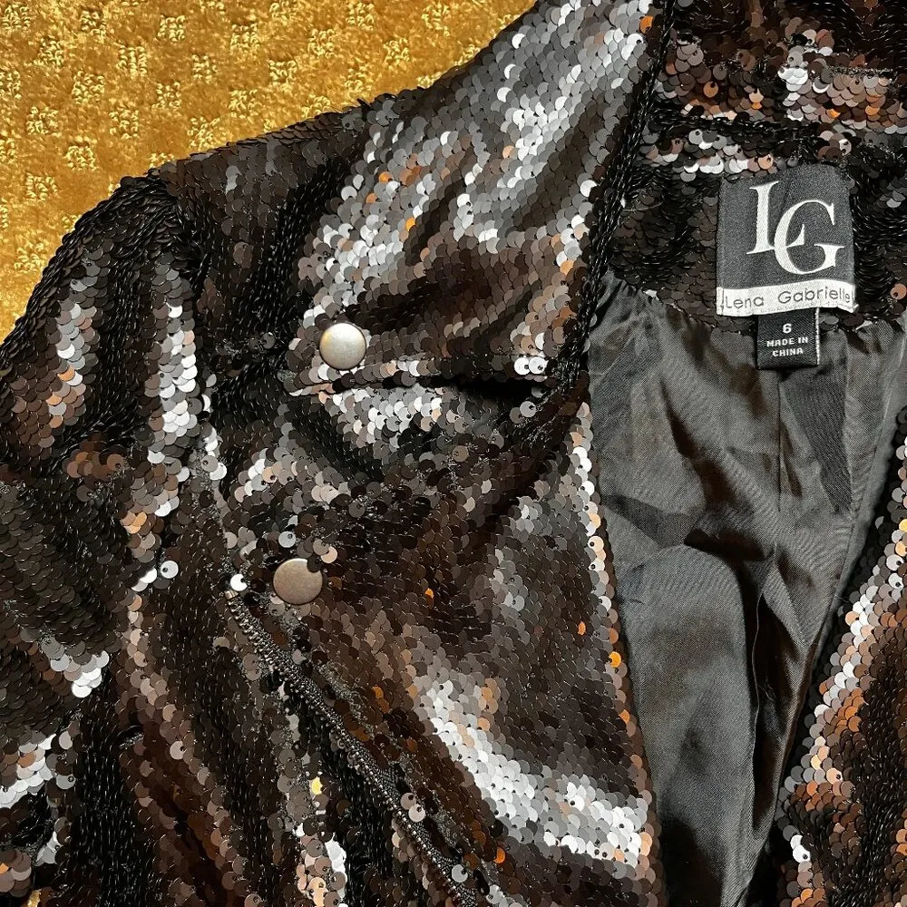 Lena Gabrielle Black Sequin Moto Jacket Lined Grunge Edgy Party New Years SZ 6 - Image 6