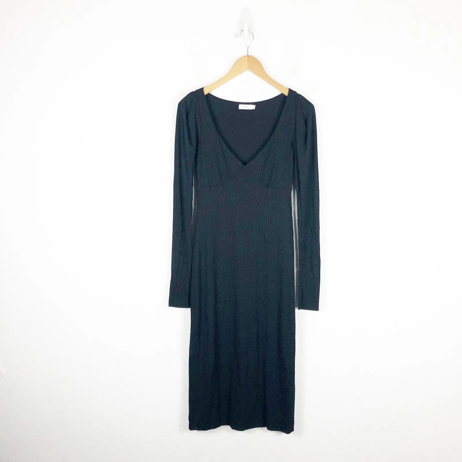 A.L.C. Dafne Midi Dress Size XS Black Ribbed Puff Knit Bodycon Quiet Luxury Emo - Image 3