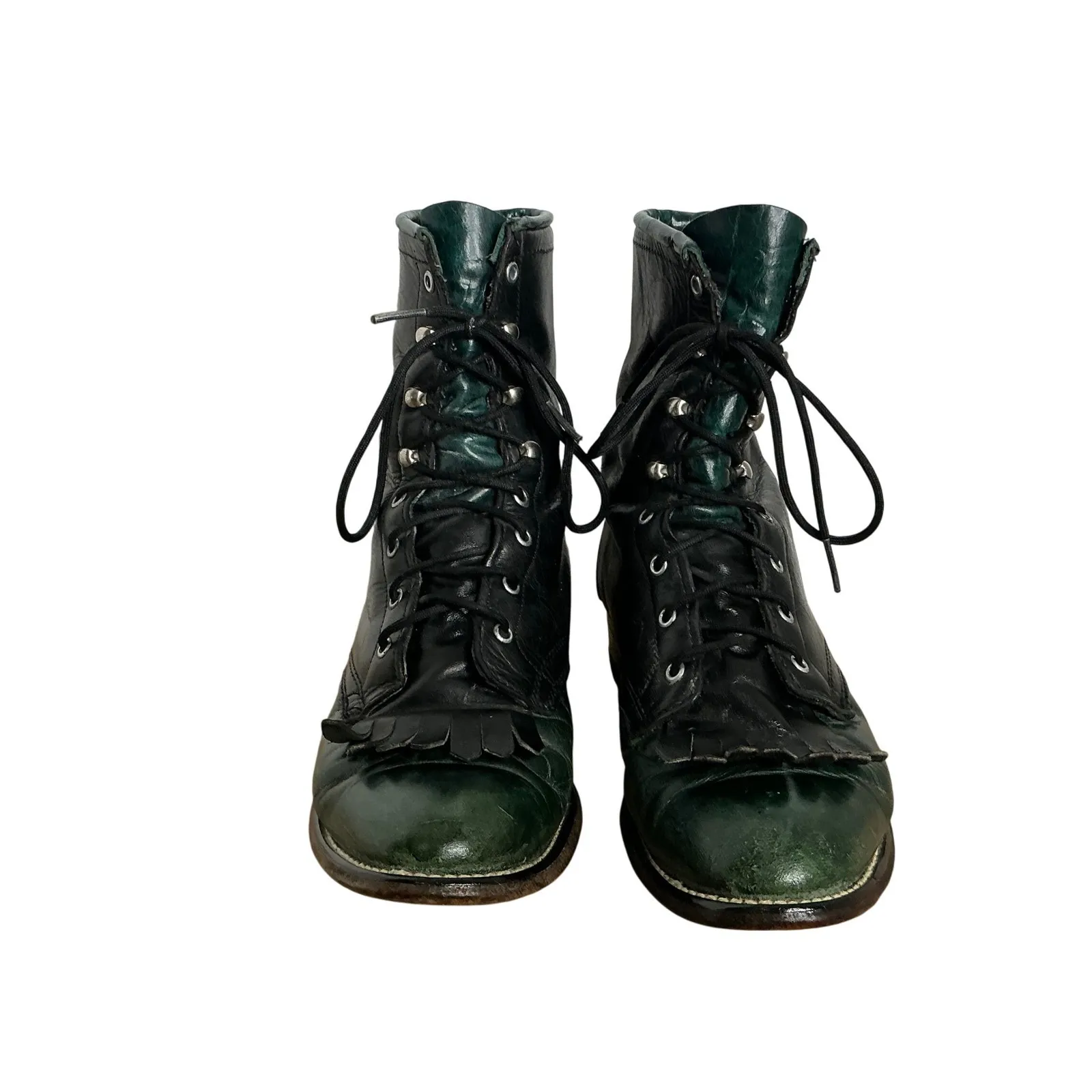 Vintage Laredo Women's Lace-Up Leather Boots 6M‎ Black Green Kiltie Fringe USA - Image 2