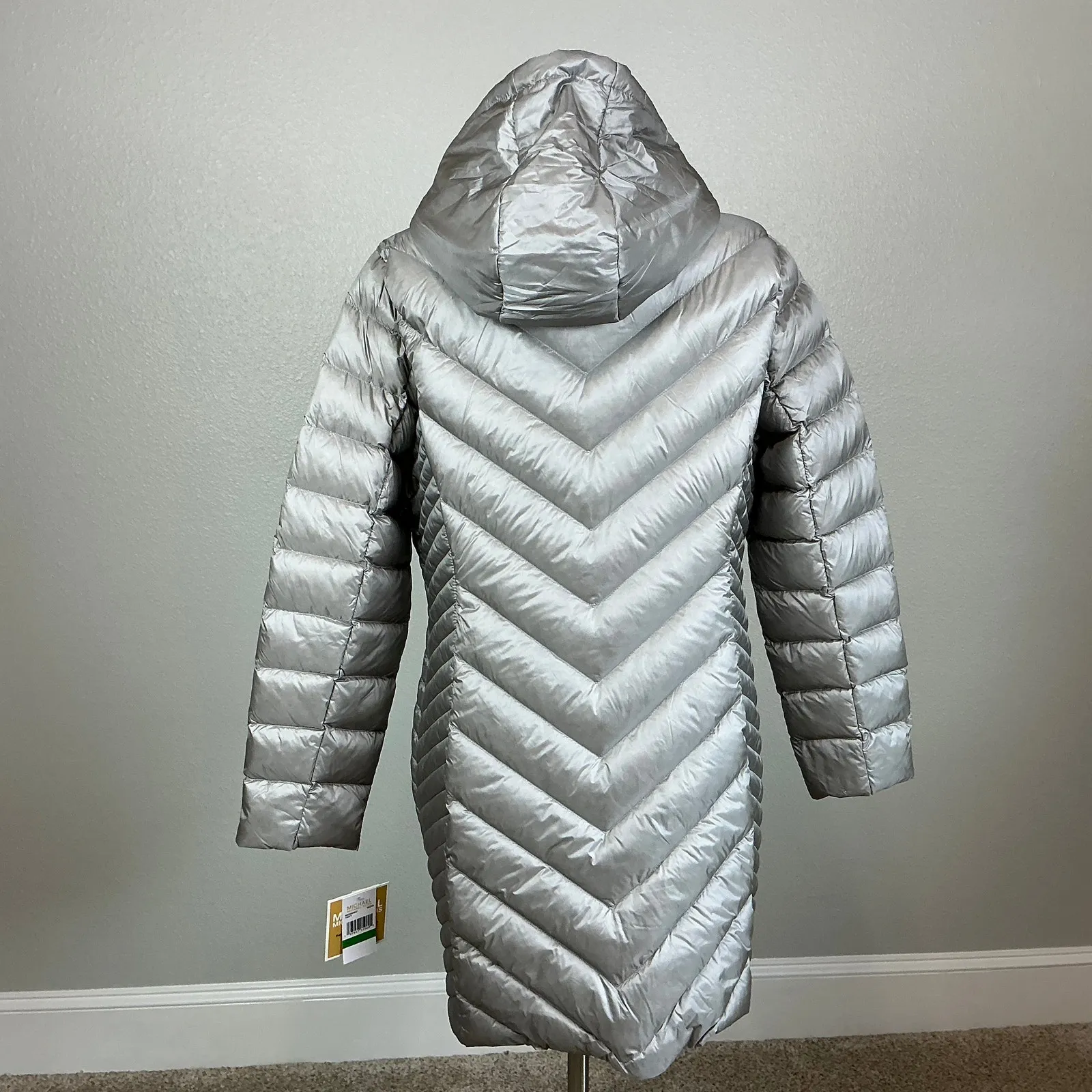 Michael Kors Quilted Puffer Coat Size Large Gray Mid Length Packable Jacket - Image 6