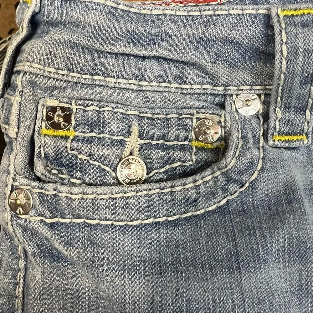 True Religion 20269-06 Mid Cutoff Flap Denim Shorts Big T Nat Marigold Sz 27 Y2K - Image 5