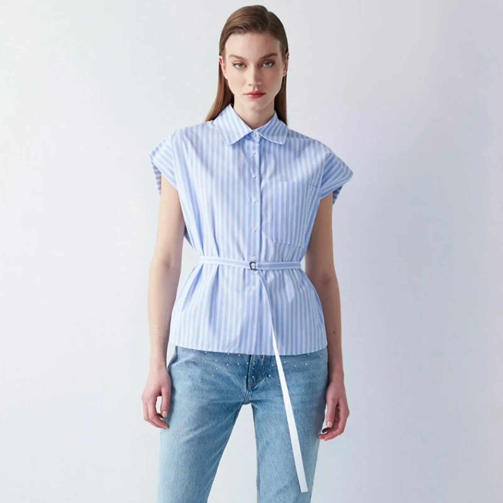 IPEKYOL Poplin Blouse Button Down w Belt Detail Blue White Size 42 Size L - Image 5