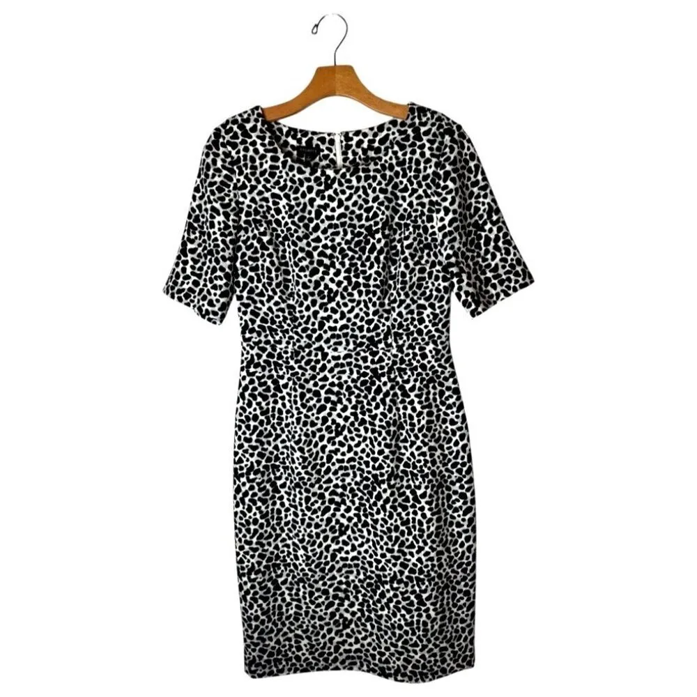 Talbots Dress Women 2 Black White Leopard Print Short Sleeve Knee Length Sheath‎ - Image 2