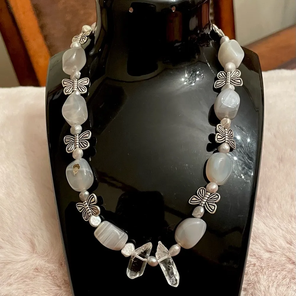 Quartz Crystal & Silver Tone Butterflies Necklace & Silver Tone Butterfly Ring White - Image 2