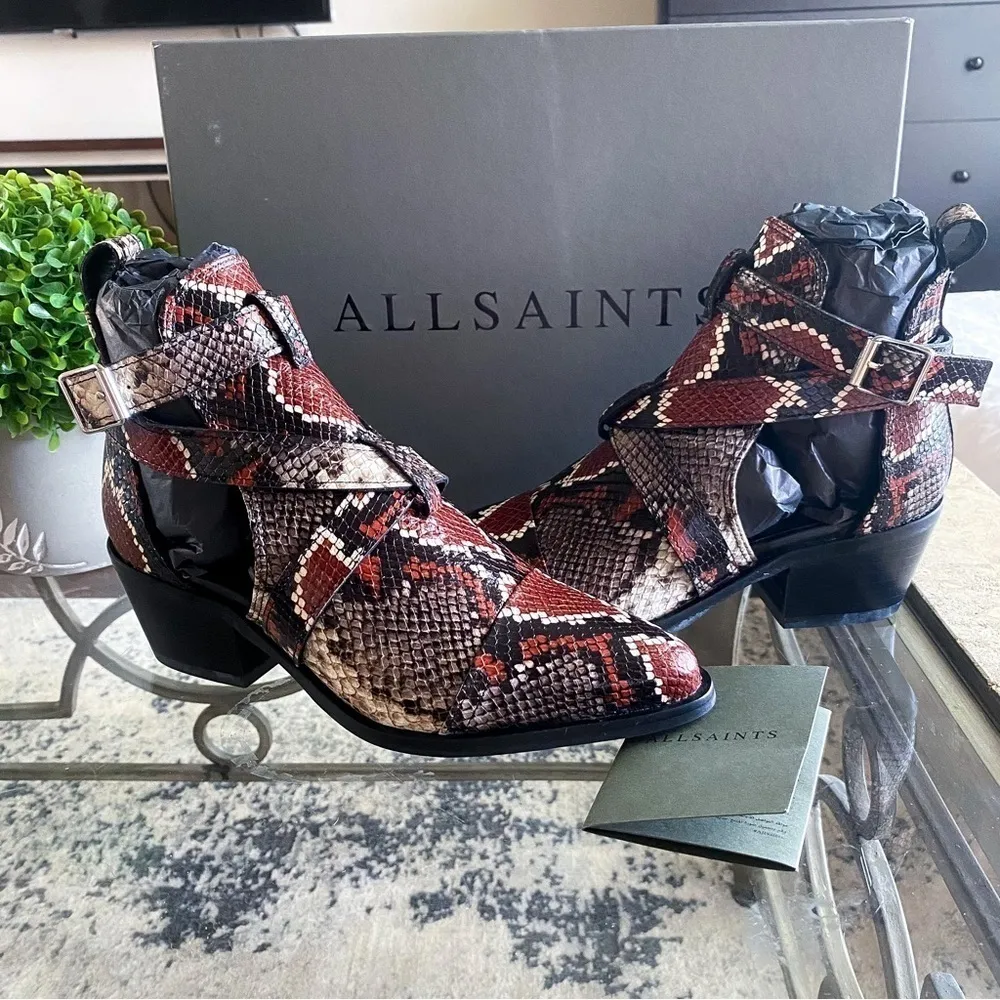 AllSaints Boot Darcy Pointed Toe Ankle Leather Heeled Cutout Red Snake 38 NIB - Image 2
