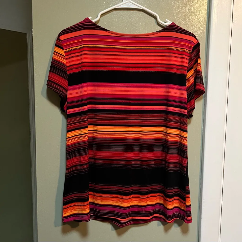 Worthington Blouse Black Red Pink Orange Stripes Scoop Neck PXL - Image 6