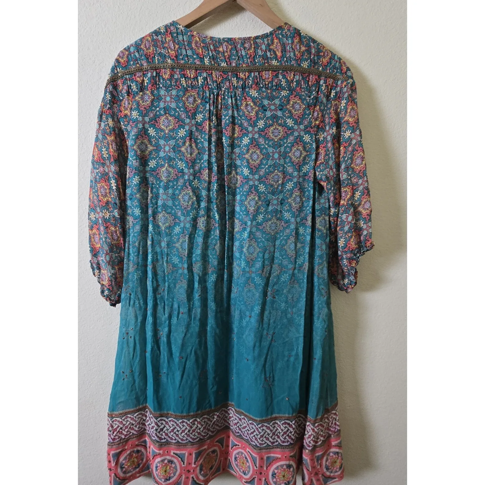 TANVI KEDIA Anthropologie Tunic Dress Jade Rose Yellow Ivory Arabesque‎ Small - Image 6