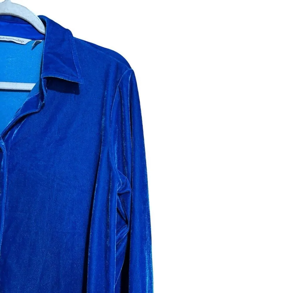 Soft Surroundings Top Womens Petite Small Blue Faux Velvet Button Up Blouse - Image 3