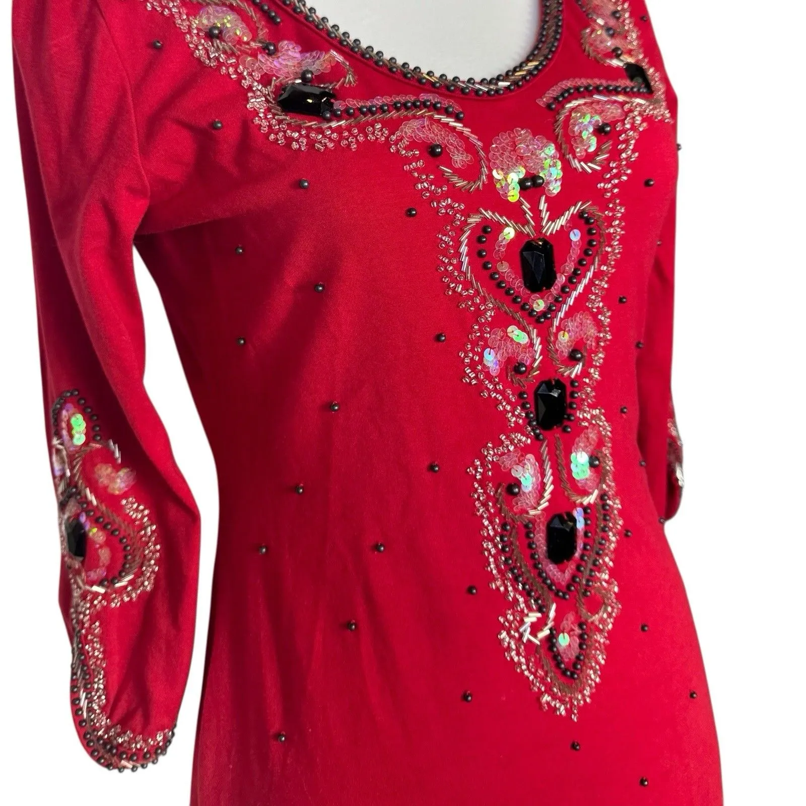 Azi Beaded Sequin Tunic Top Size S Red Y2K Goth Whimsigoth Fairy Grunge Vintage - Image 3