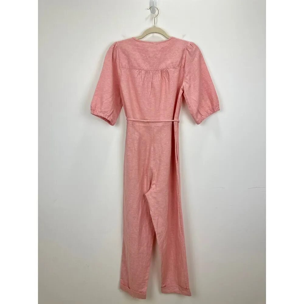 NEW Madewell Linen Blend Puff Sleeve Tassel Tie Jumpsuit Relaxed Fit Pink XXS - Image 6