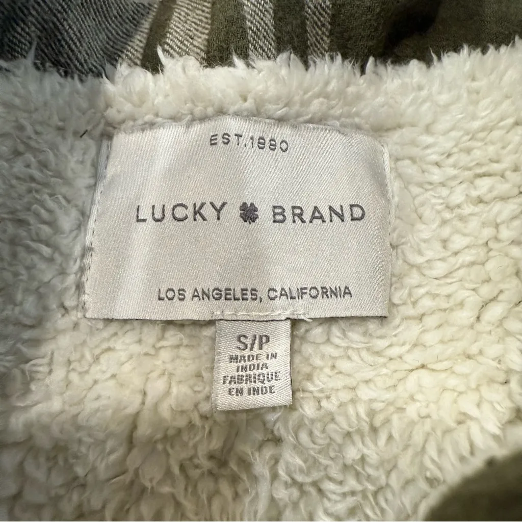 Lucky Brand Plaid Sherpa Flannel Shirt Jacket Womens Small Sage Green SnapButton - Image 3