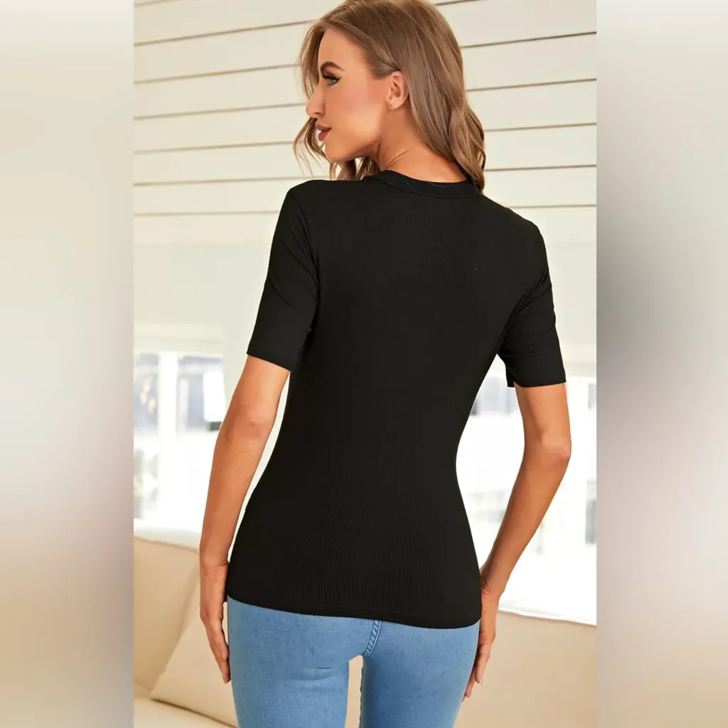 NWT Verdusa Women's Casual Black Mock Neck Short Sleeve Size Small - Image 2