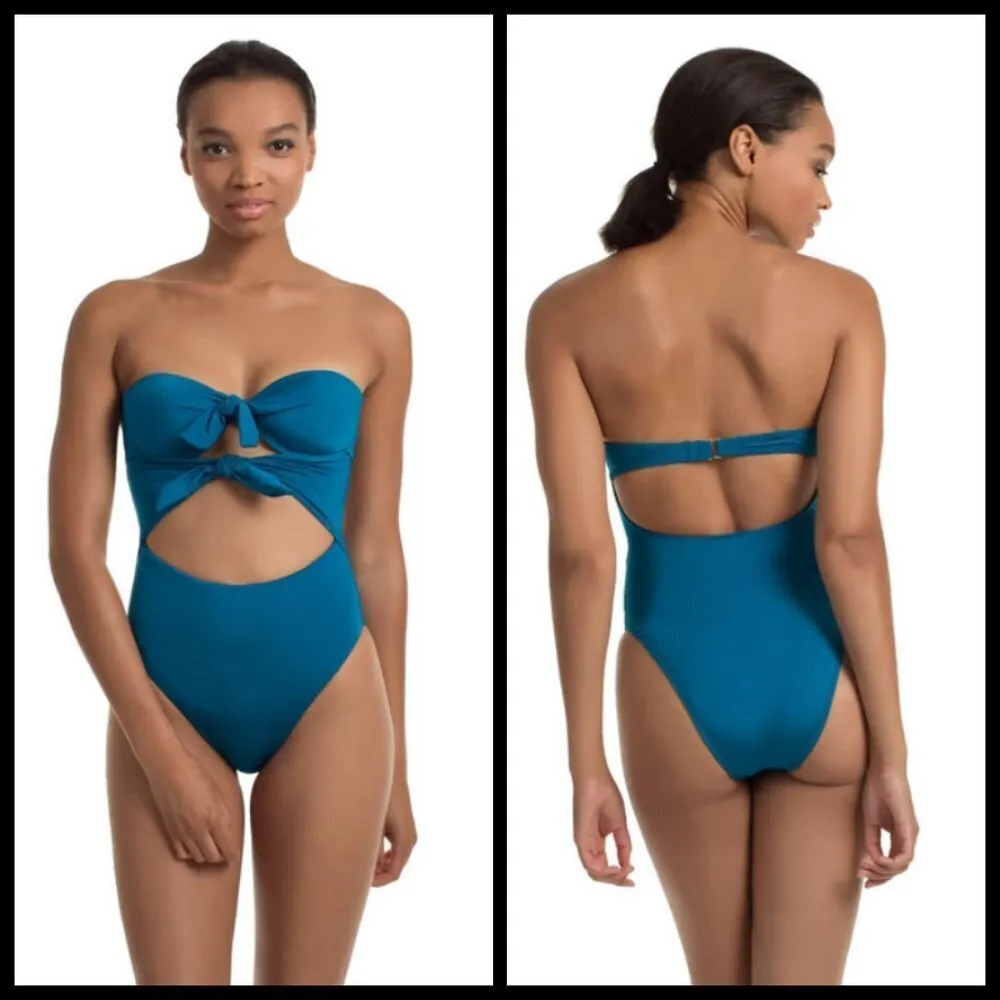 💕TRINA TURK💕 Getaway Solid Tie Bandeau One Piece Swimsuit Teal Blue 14 NWT - Image 2