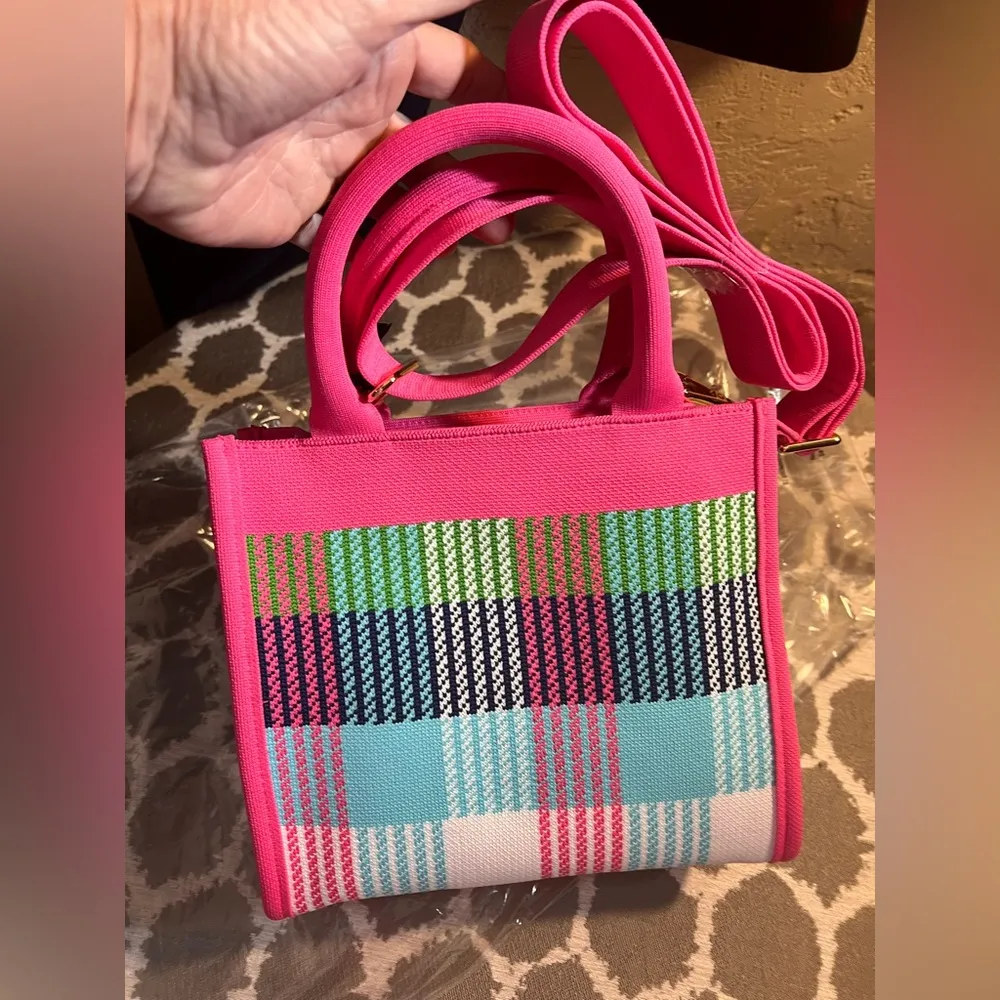Kate Spade NWT Pink Green Plaid Satchel crossbody fabric collectible summer prep - Image 13