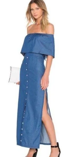 Night Walker denim off the shoulder dress with slits on sides & pockets ( S ) - Image 2