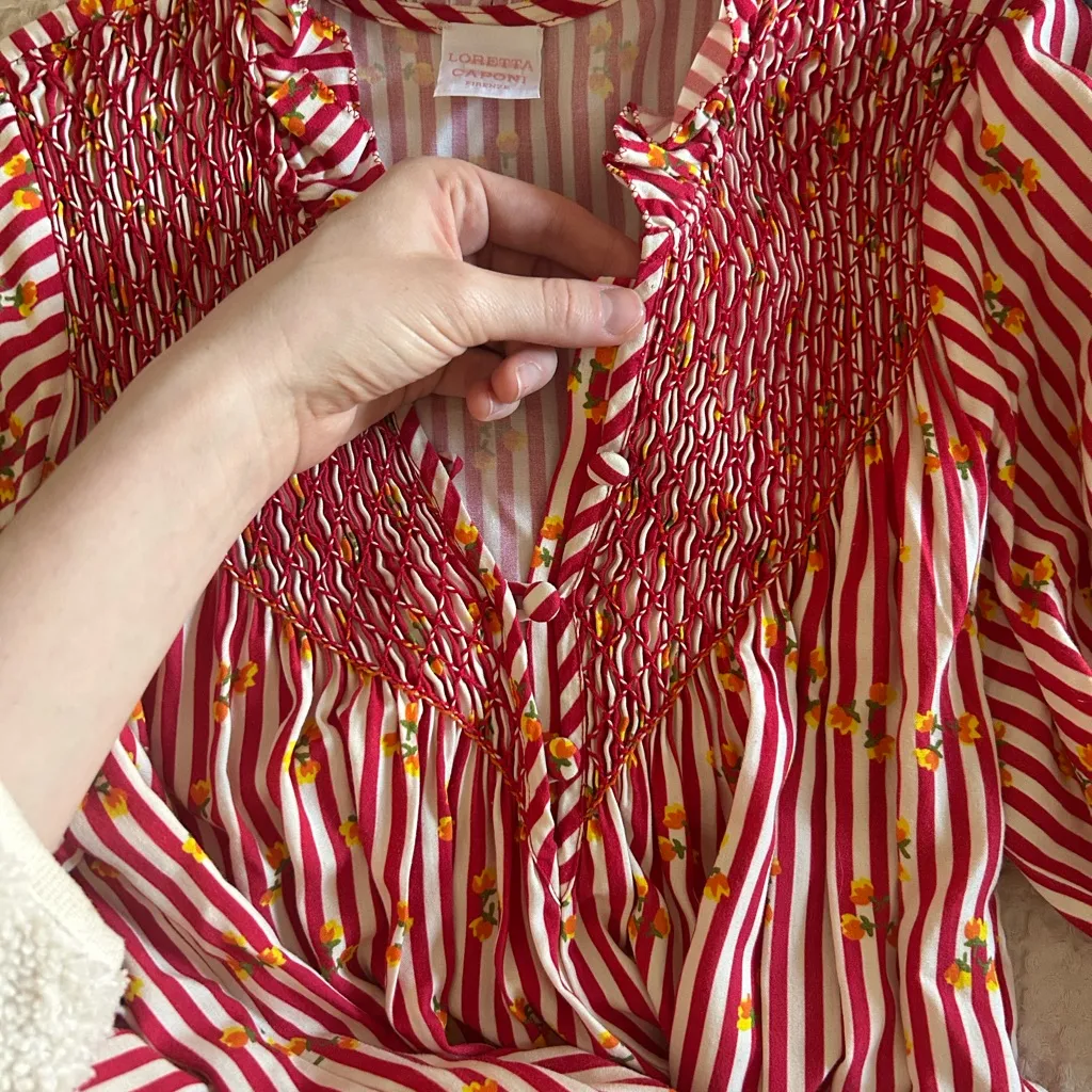 Elena Smocked Printed Broadcloth Midi Dress size M Striped Red Floral Pink Size M - Image 10