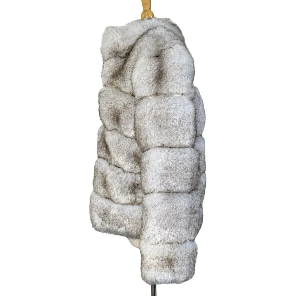 GUESS Oversized Faux Fur Jacket Gray Puffer Zip Up Coat SUPER SOFT Furry Sz L - Image 7