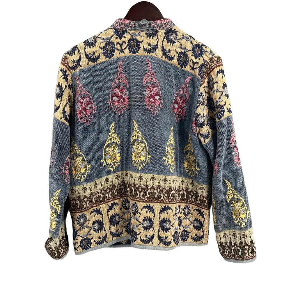 Flashback Jacket Tapestry Cotton Blue Pink Print Button Beading Detail Medium - Image 3